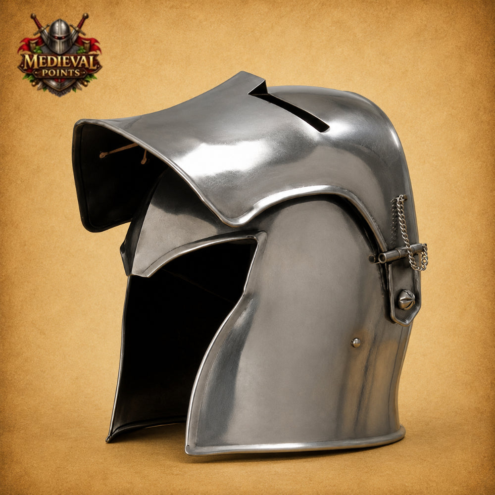 Medieval Barbuta Helmet with Wooden Display Stand – Silver Steel Armor