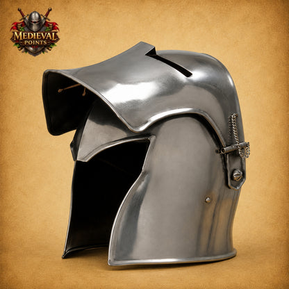 Medieval Barbuta Helmet with Wooden Display Stand – Silver Steel Armor