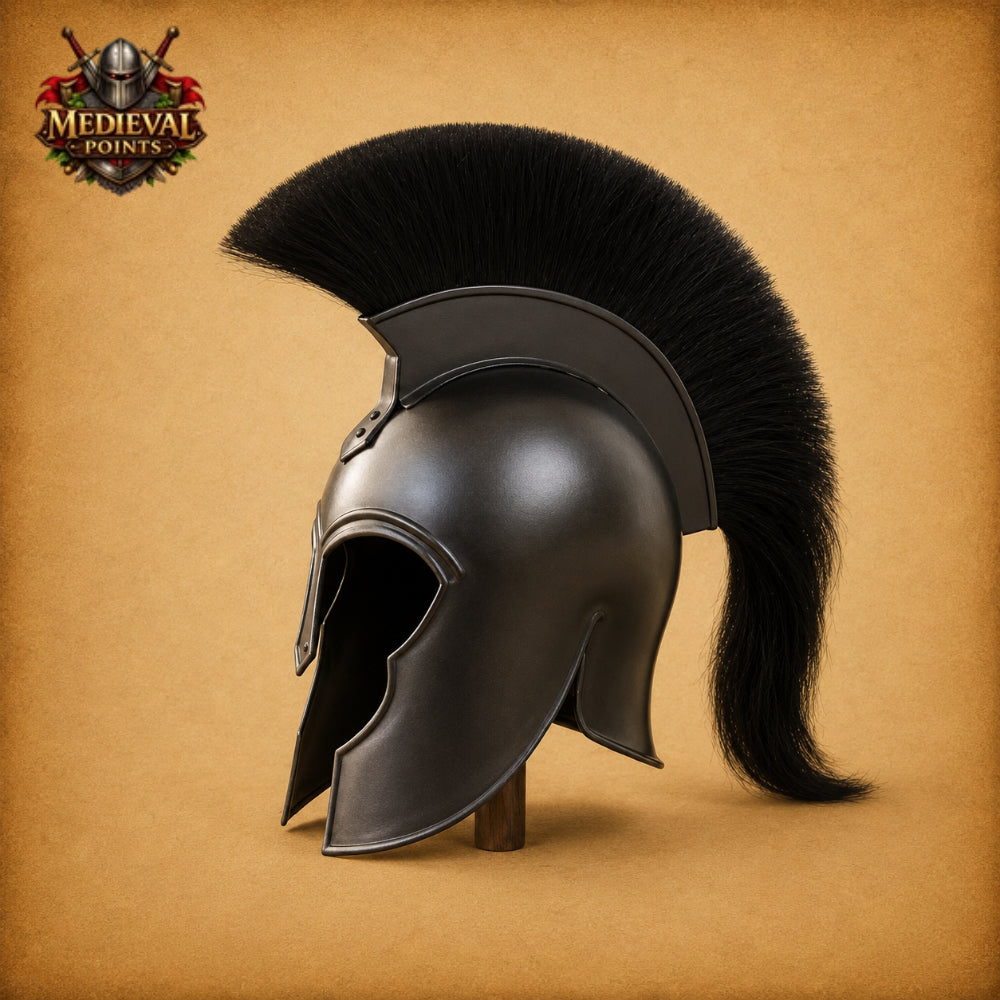 Medieval Achilles Troy Black Helmet with Wooden Display Stand