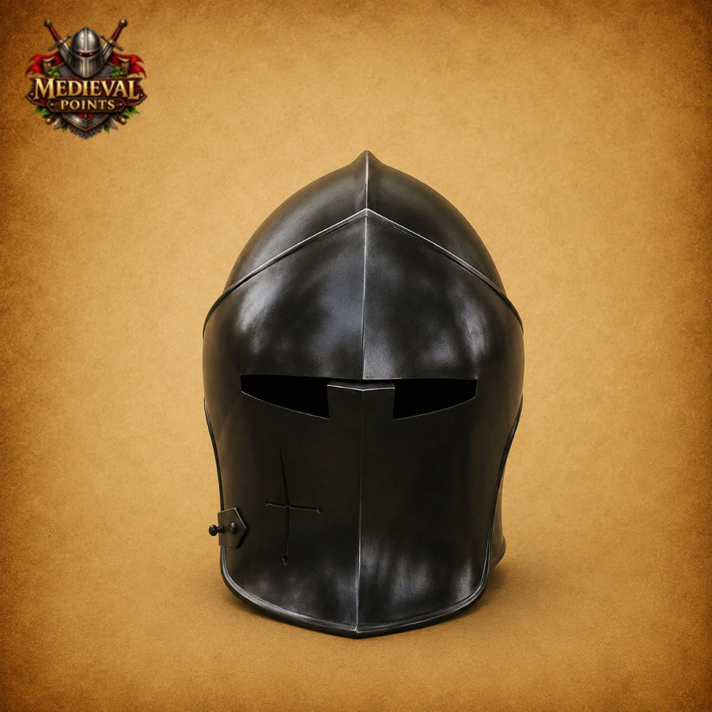 Medieval Black Barbute Steel Helmet | Wearable Knight Armor with Display Stand