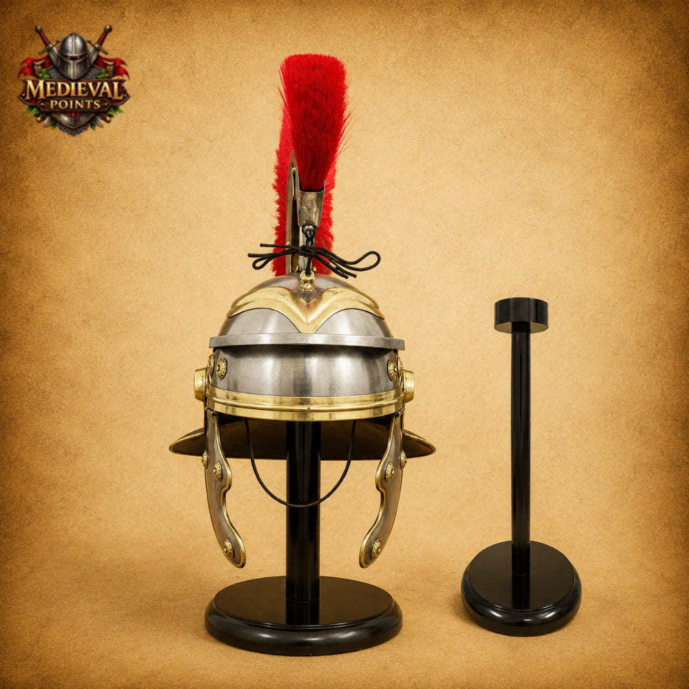 Roman Centurion Helmet with Red Plume & Wooden Display Stand | New Year Gift