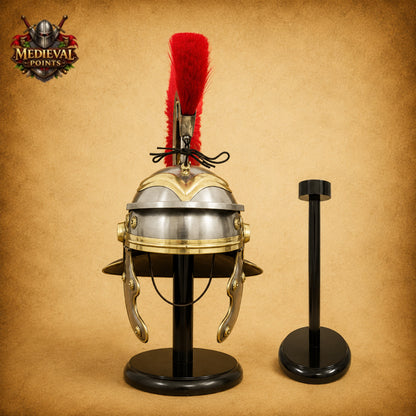 Roman Centurion Helmet with Red Plume & Wooden Display Stand | New Year Gift