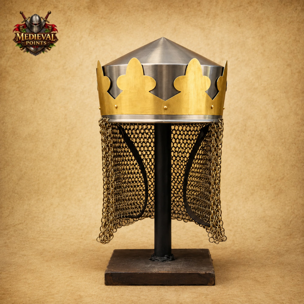 Medieval King Arthur Helmet with Brass Butted Chainmail | Monty Python Style Helmet with Display Stand
