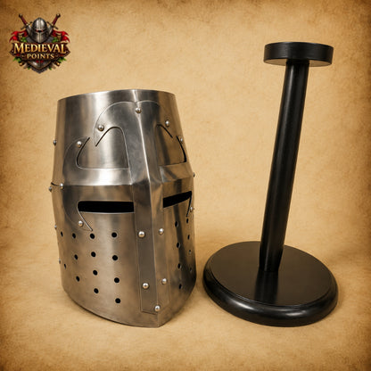 Crusader Knight Templar Helmet with Wooden Display Stand