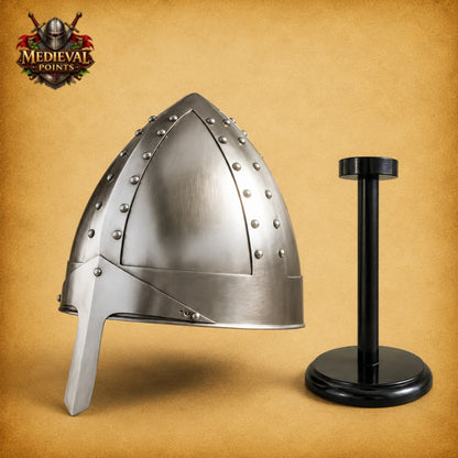 Medieval Norman Warrior Helmet with Nasal Guard & Wooden Display Stand