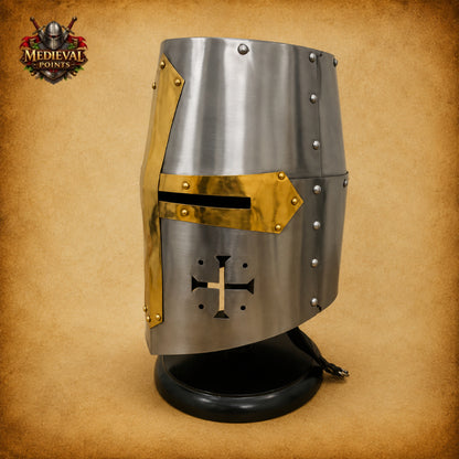 Silver Templar Crusader Helmet | Medieval Knight Helmet with Wooden Display Stand