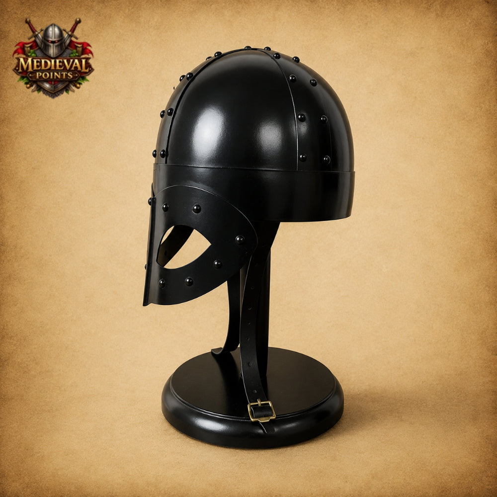 Handmade Viking Mask Helmet in Black 18 Gauge Steel with Wooden Display Stand