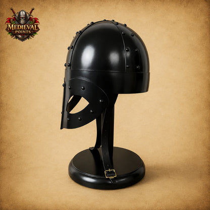 Handmade Viking Mask Helmet in Black 18 Gauge Steel with Wooden Display Stand