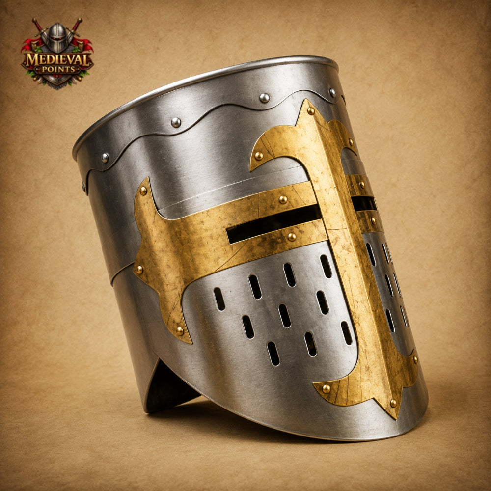 Templar Knight Helmet with Wooden Display Stand – Medieval Crusader Great Helm