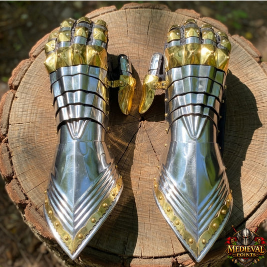 Medieval Gauntlets | 16-Gauge Steel Featuring Brass Accents & Built-In Leather Gloves
