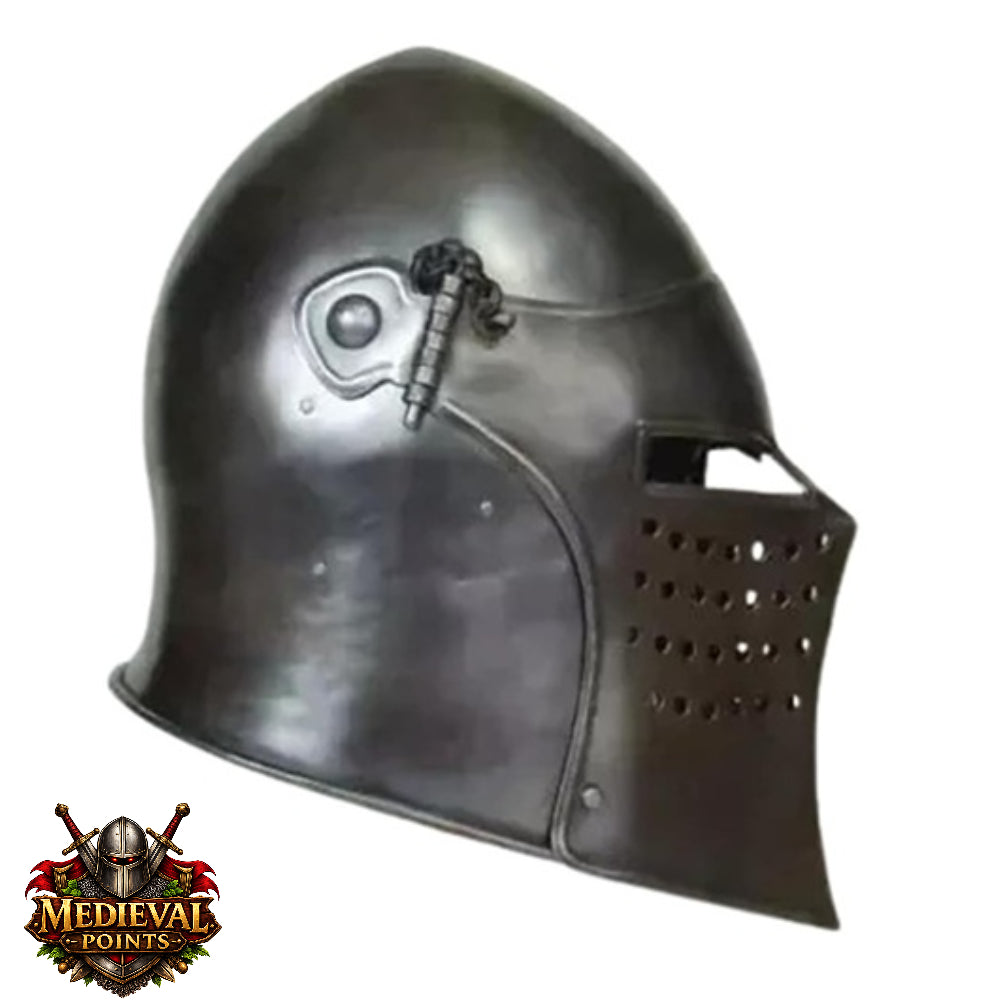 Black Barbute Helmet | Barbuta Reenactment Helmet | With Stand For Cosplay And Costumes