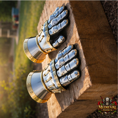 Medieval Hourglass Gauntlets 16 Gauge Steel with Brass Accents & Leather Gloves | SCA LARP Armor