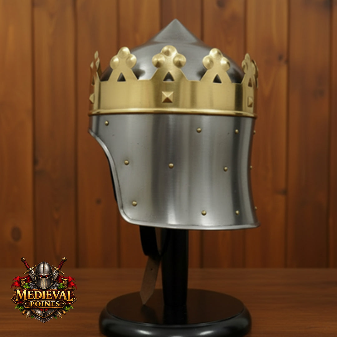 Medieval King Arthur Helmet : Richard Lion heart Crown Replica Helmet  Wooden Stand