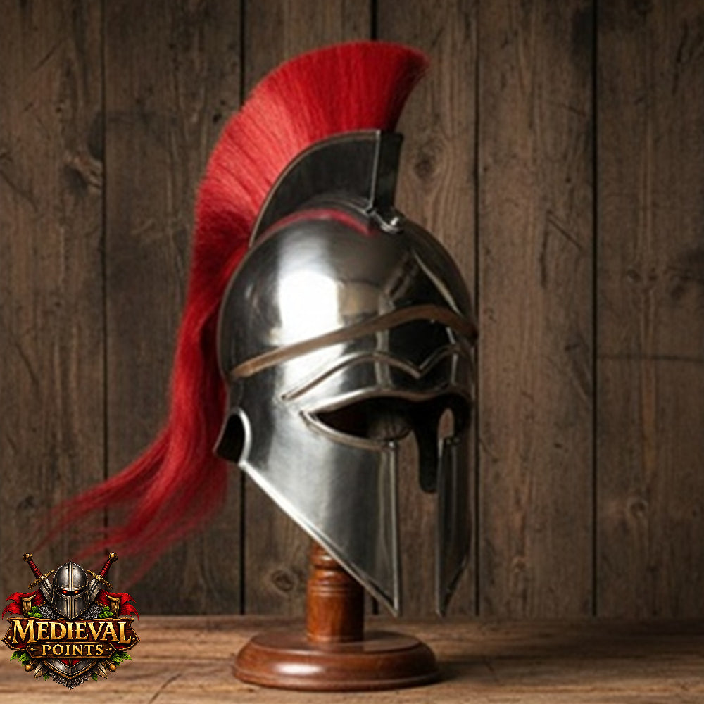 New Corinthian Helmet : Warrior Medieval Helmet with Wooden Stand
