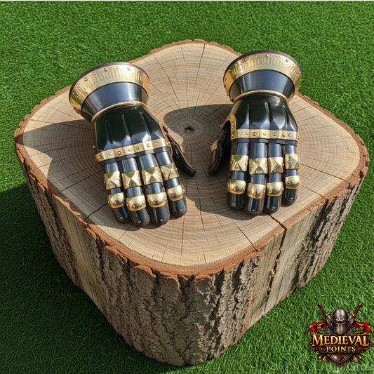 Medieval Knight Gauntlets – Steel Armor Gloves with Brass Accents