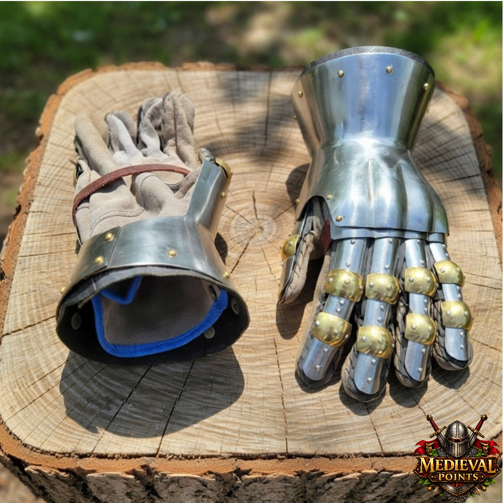 Churburg Gauntlets – Medieval 16G Steel Knight Armor Gloves with Brass Accents