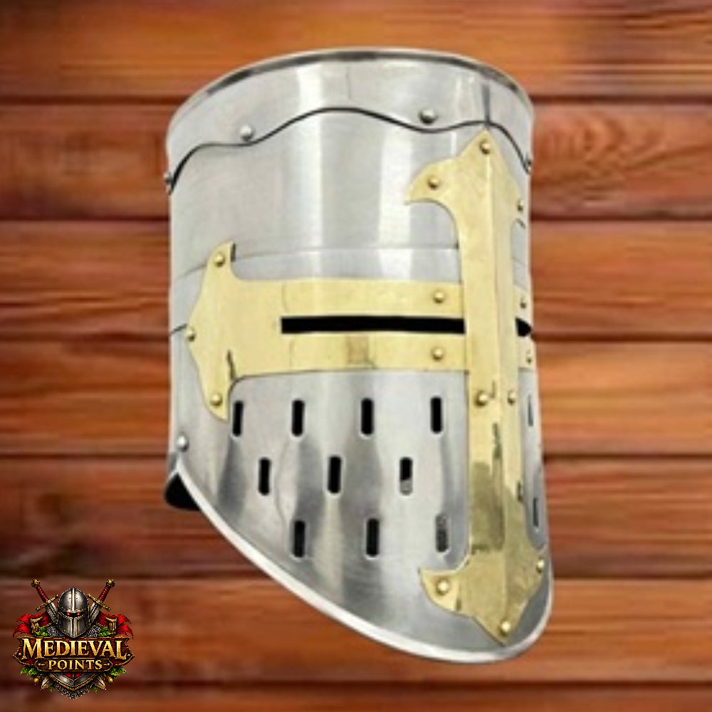 Medieval Knight Helmet with Wooden Stand – Collectible Armor, Museum Display,