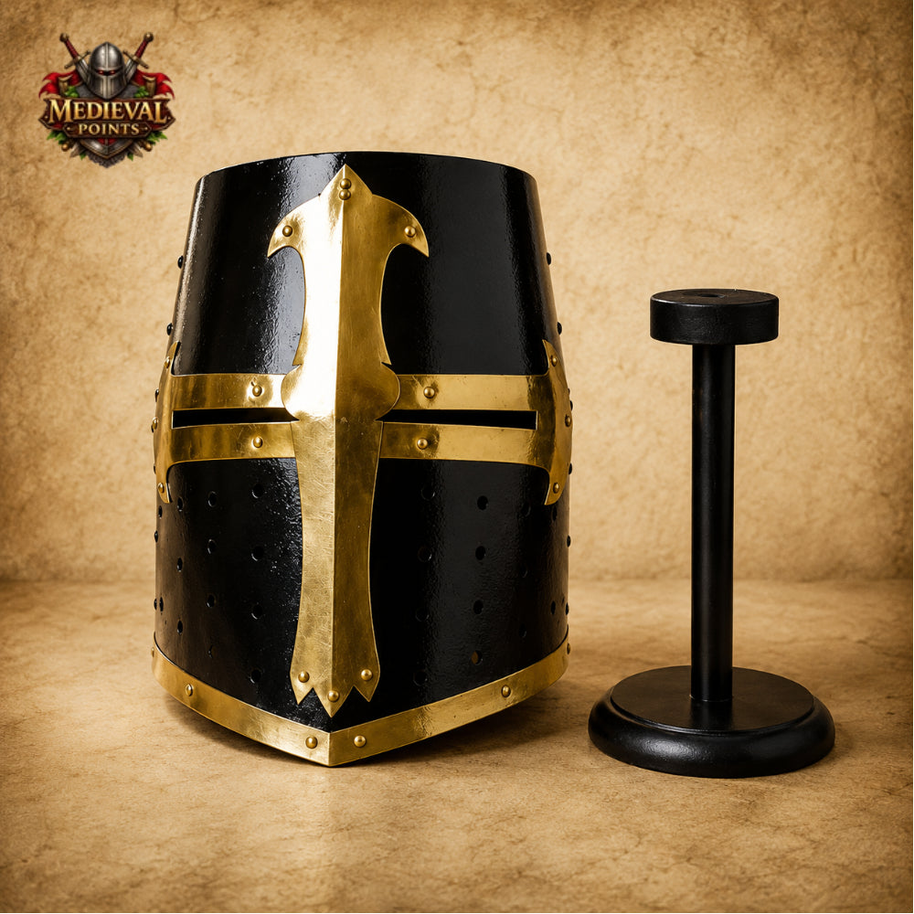 Black & Brass Templar Crusader Helmet with Wooden Display Stand | Medieval Knight Armor