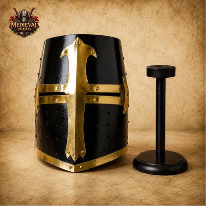 Black & Brass Templar Crusader Helmet with Wooden Display Stand | Medieval Knight Armor