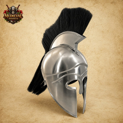 Greek Silver Warrior Helmet with Black Plume & Wooden Display Stand