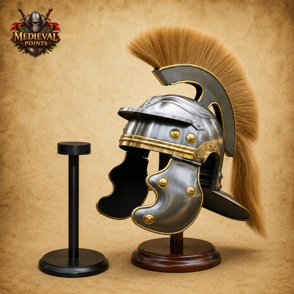 Roman Centurion Helmet with Brown Horsehair Plume & Wooden Display Stand