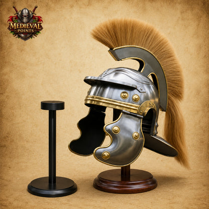 Roman Centurion Helmet with Brown Horsehair Plume & Wooden Display Stand