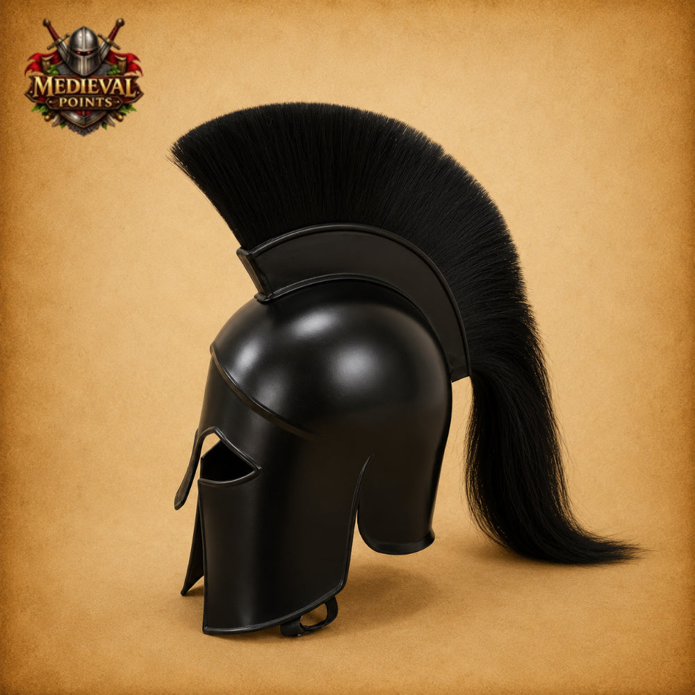 Medieval Achilles Troy Black Helmet with Wooden Display Stand