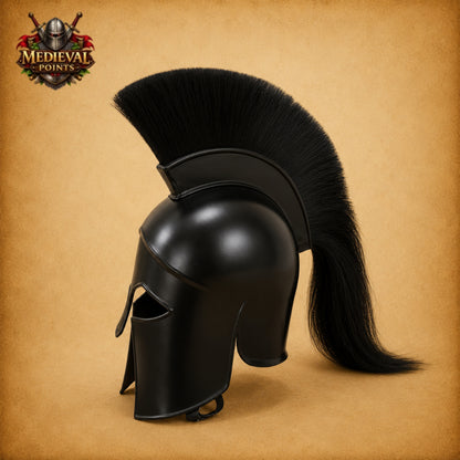 Medieval Achilles Troy Black Helmet with Wooden Display Stand