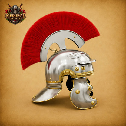 Roman Centurion Helmet with Red Plume & Wooden Display Stand