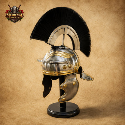 Roman Helmet with Black Plume & Wooden Display Stand