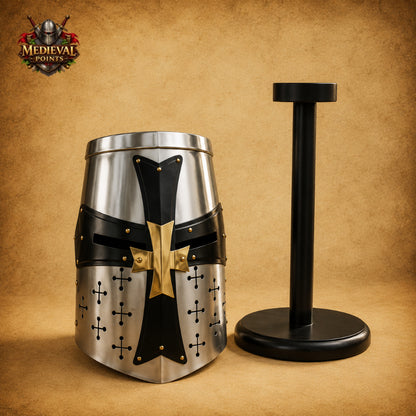 Medieval Crusader Templar Helmet | Silver Steel Knight Helmet with Black Cross & Wooden Stand
