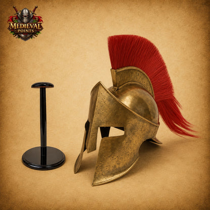 Spartan Helmet with Red Plume | King Leonidas Steel Helmet | Includes Wooden Display Stand