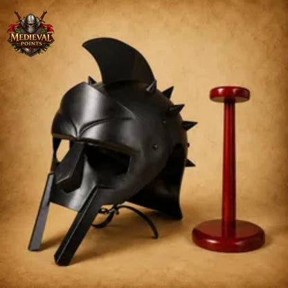 Black Spartan Gladiator Helmet with Wooden Display Stand