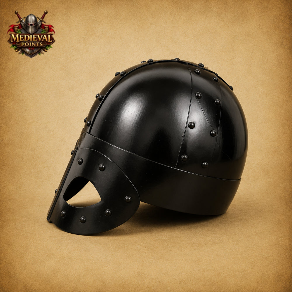 Handmade Viking Mask Helmet in Black 18 Gauge Steel with Wooden Display Stand