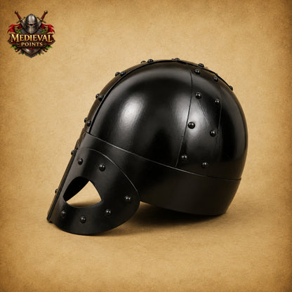 Handmade Viking Mask Helmet in Black 18 Gauge Steel with Wooden Display Stand