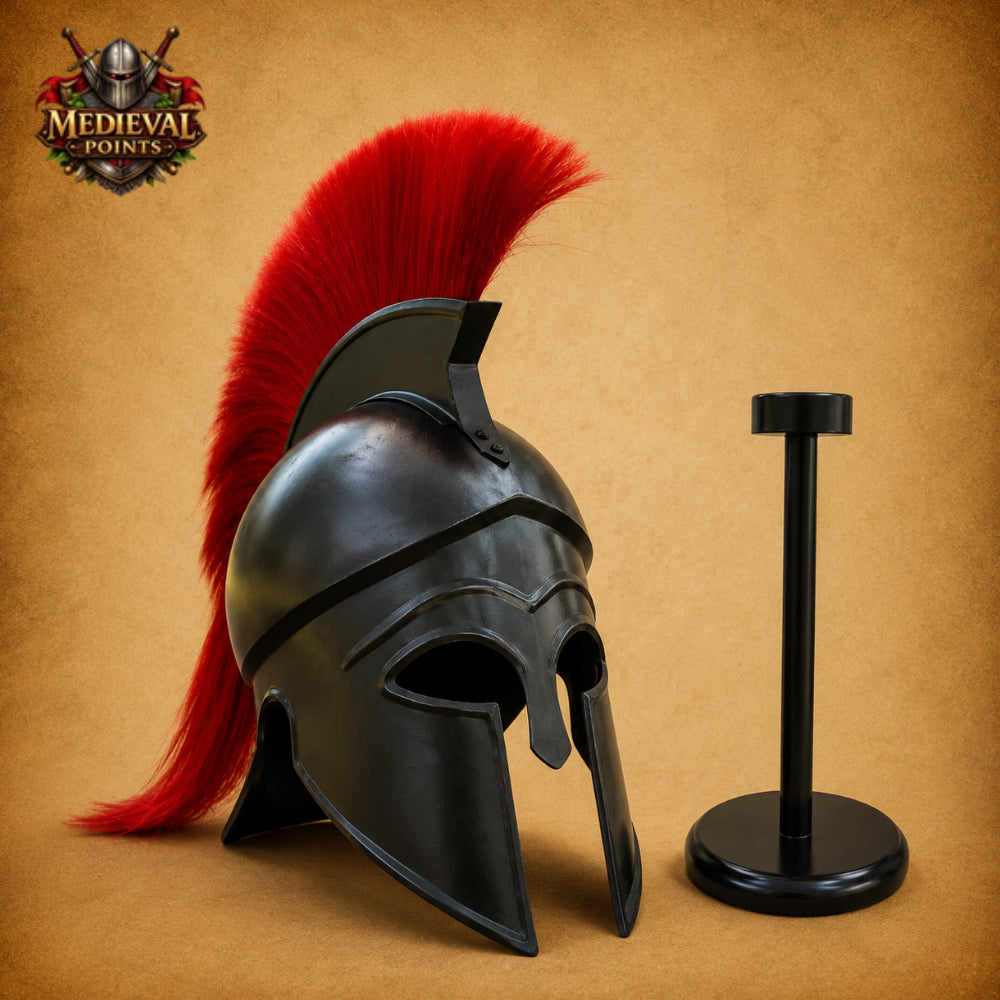 Handmade Greek Corinthian Helmet | Spartan Warrior Steel Helmet  Wooden Stand