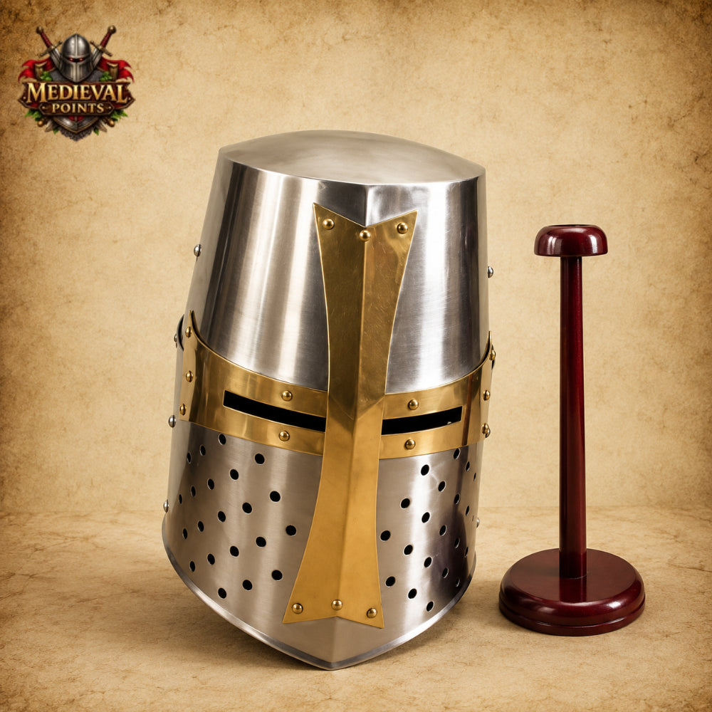 Crusader Knight Helmet Replica with Wooden Display Stand | Medieval Steel Armor