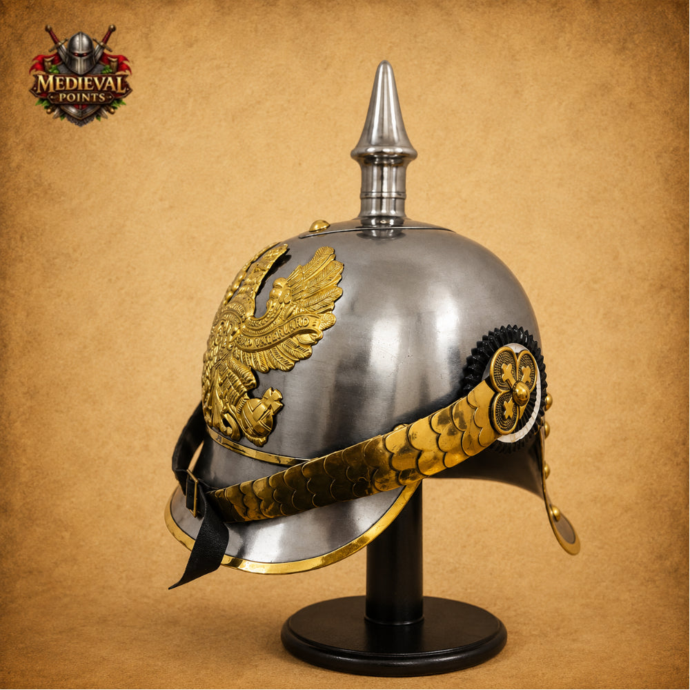 German Pickelhaube Spike Helmet | Military Replica with Wooden Display Stand
