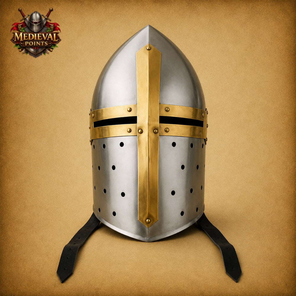 Handcrafted Medieval Sugarloaf Steel & Brass Knight Helmet with Wooden Stand