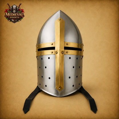 Handcrafted Medieval Sugarloaf Steel & Brass Knight Helmet with Wooden Stand