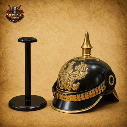 German Pickelhaube Black Steel Helmet | Imperial Officer Replica with Wooden Display Stand
