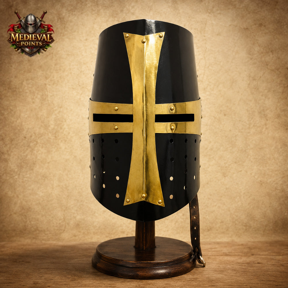 Medieval Templar Crusader Helmet with Wooden Display Stand