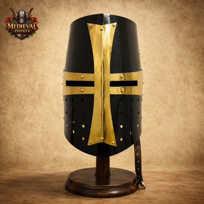 Medieval Templar Crusader Helmet with Wooden Display Stand