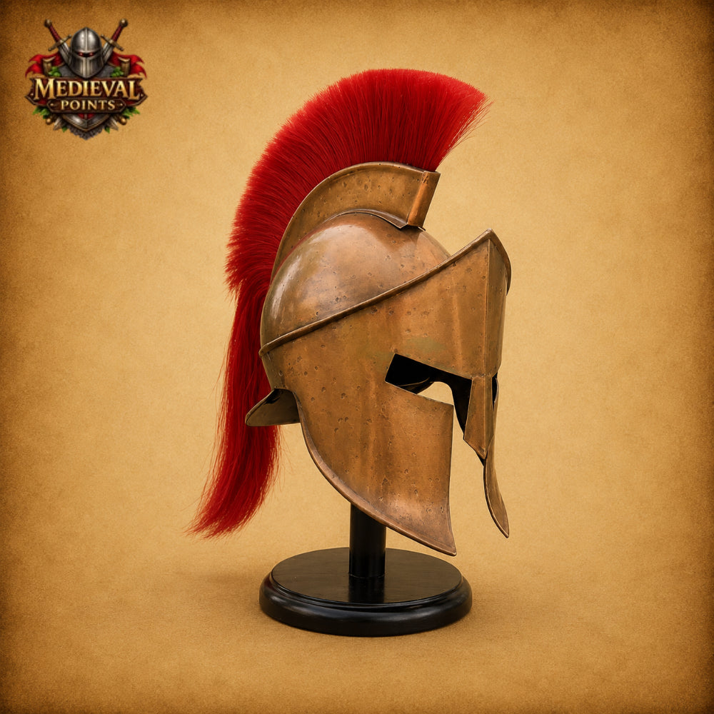 Leonidas Spartan Helmet with Red Plume & Wooden Display Stand | Greek Warrior Replica