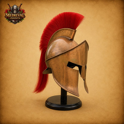 Leonidas Spartan Helmet with Red Plume & Wooden Display Stand | Greek Warrior Replica