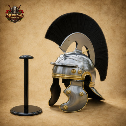 Roman Helmet with Black Horsehair Plume & Wooden Display Stand