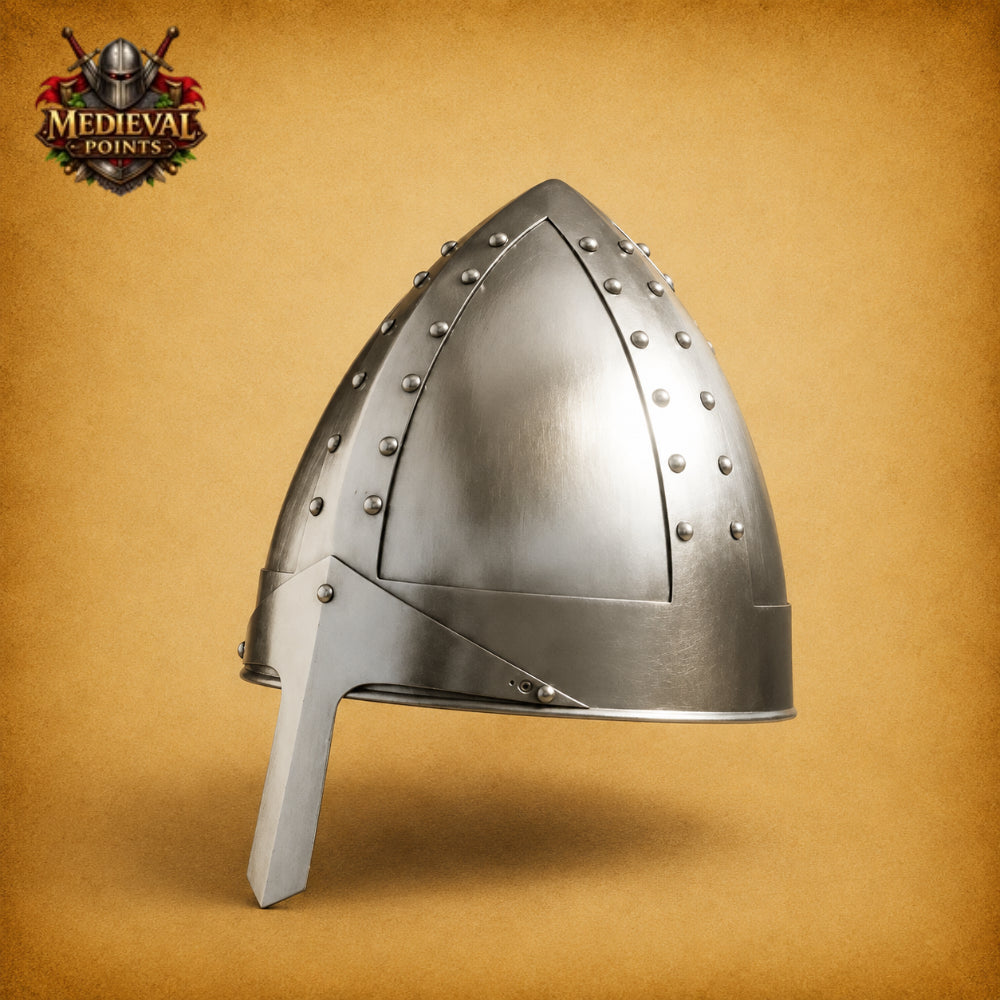 Medieval Norman Warrior Helmet with Nasal Guard & Wooden Display Stand