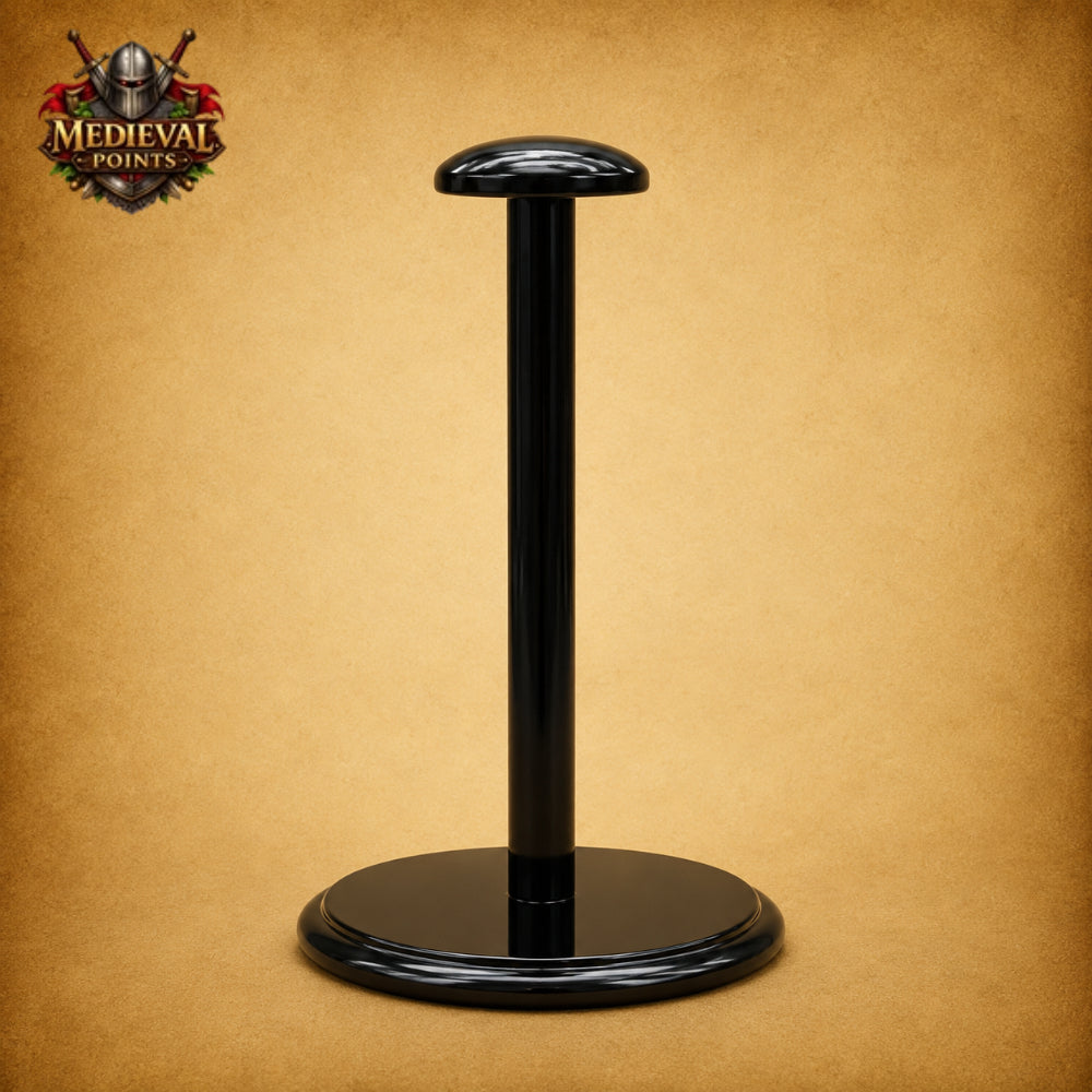 Medieval Barbuta Helmet with Wooden Display Stand – Silver Steel Armor