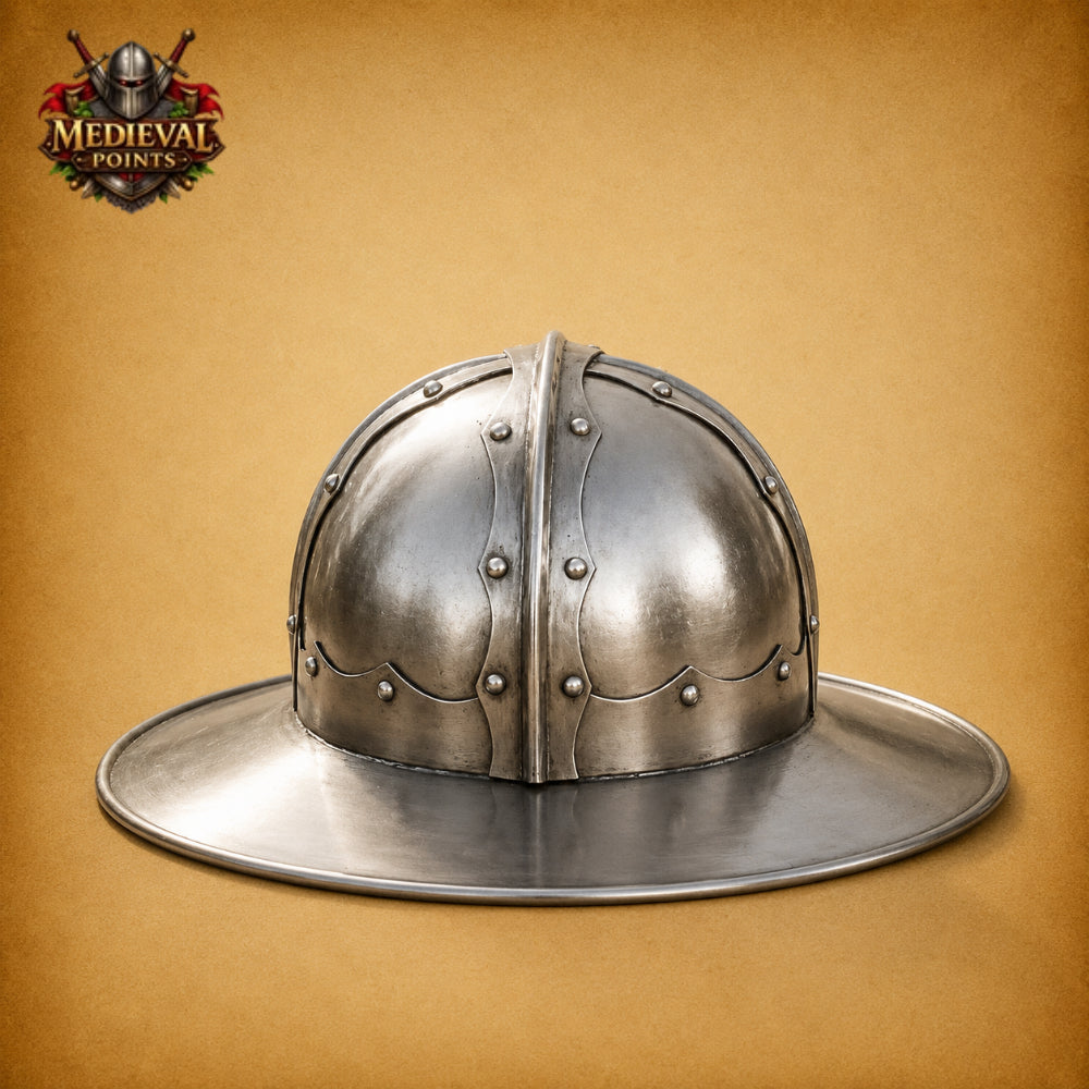 Medieval Kettle Hat Helmet with Wooden Display Stand – 18 Gauge Steel