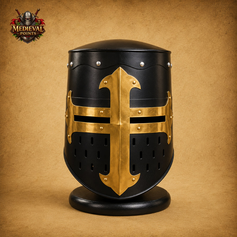 Medieval Crusader Helmet with Wooden Display Stand – Black Knight Great Helm